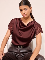 Friends Like These Red Satin Lace Detail Cowl Neck Blouse - Image 1 of 4
