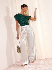 Friends Like These Teal Spot Off the Shoulder Satin Sleeveless Blouse - Image 3 of 4
