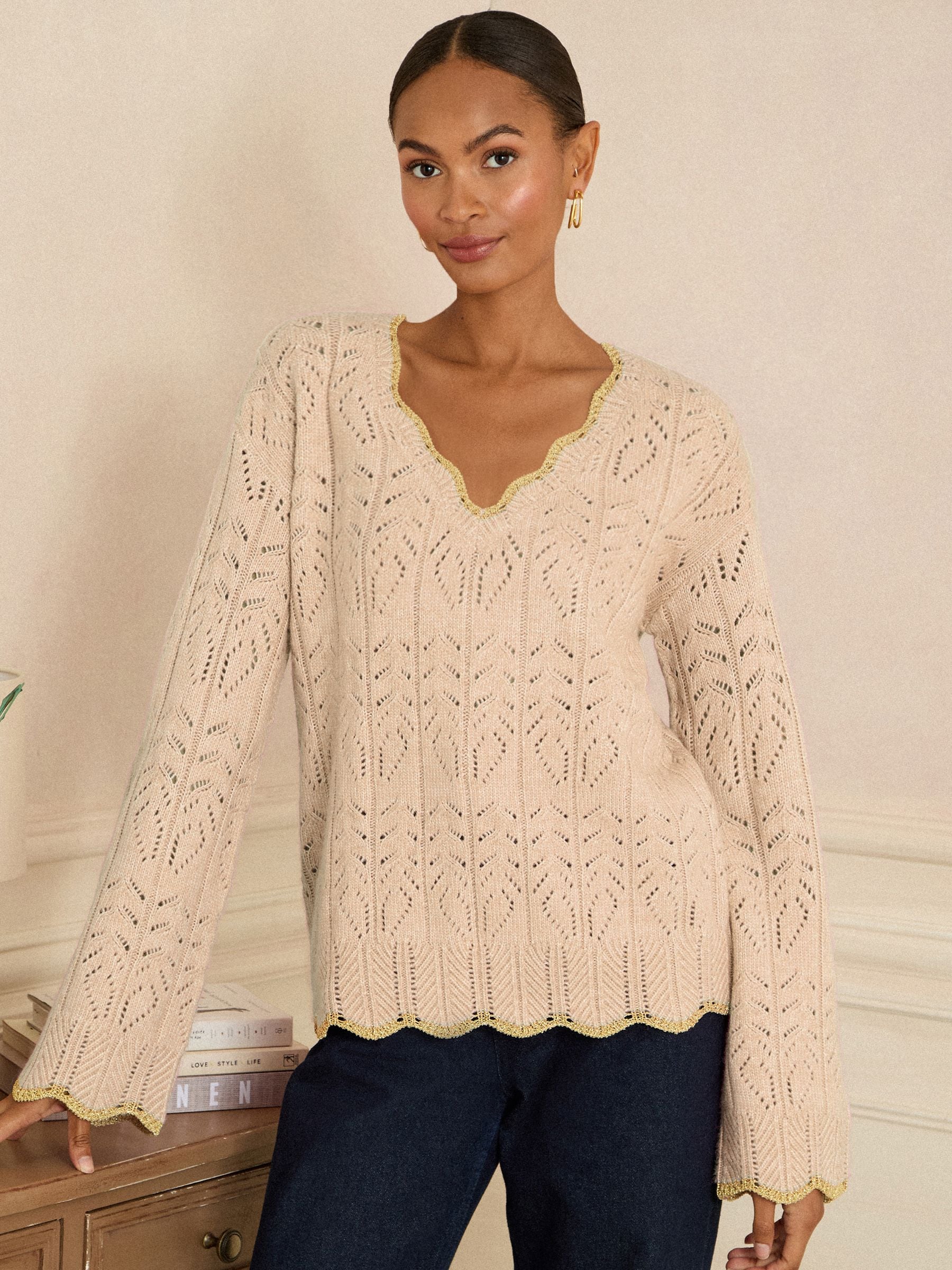 Buy Love & Roses Cream Lurex Scallop Pointelle V-Neck Jumper from