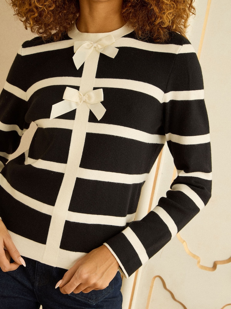 Love & Roses Black And White Stripe Bow Front Jumper - Image 2 of 4