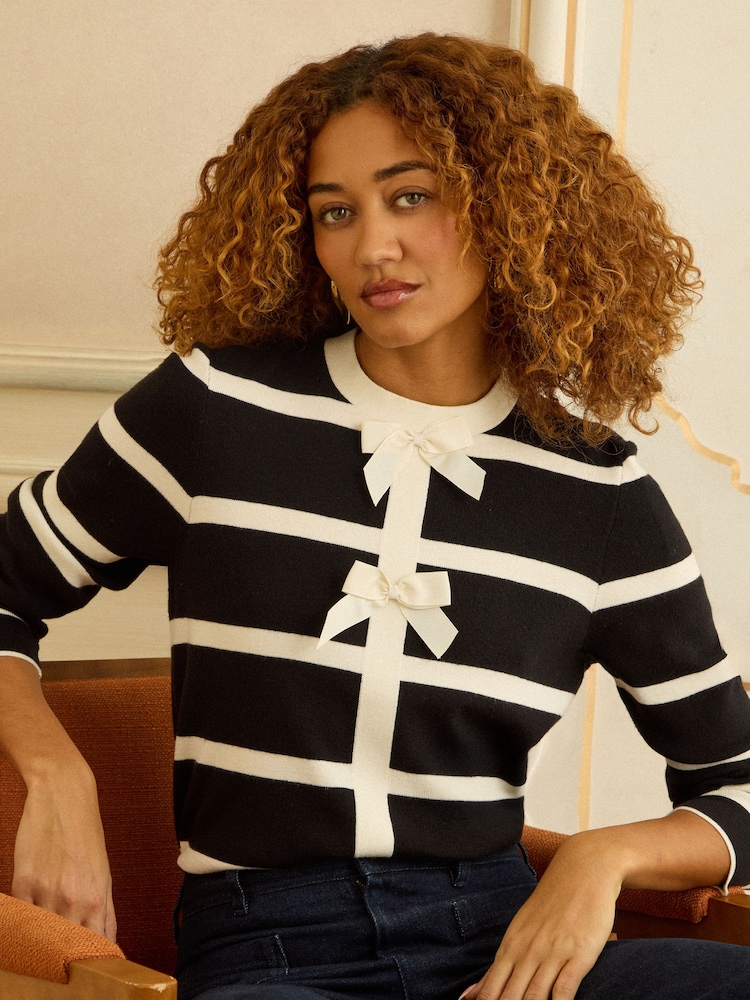 Love & Roses Black And White Stripe Bow Front Jumper - Image 4 of 4