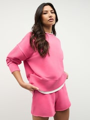 Magenta Pink Raw Hem Detail Washed Cotton Crew Neck Sweatshirt - Image 1 of 9