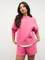 Magenta Pink Raw Hem Detail Washed Cotton Crew Neck Sweatshirt - Image 2 of 9