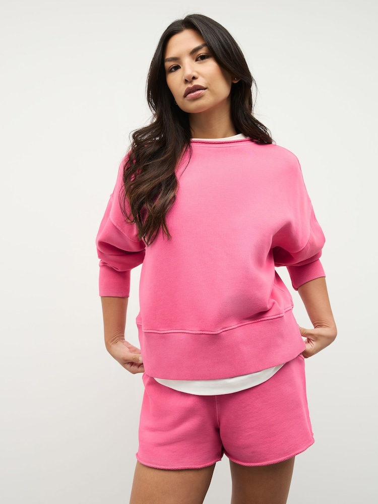 Magenta Pink Raw Hem Detail Washed Cotton Crew Neck Sweatshirt - Image 2 of 9 Magenta Pink Raw Hem Detail Washed Cotton Crew Neck Sweatshirt - Image 2 of 9