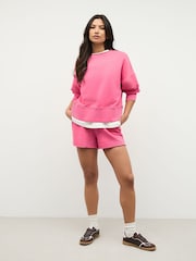 Magenta Pink Raw Hem Detail Washed Cotton Crew Neck Sweatshirt - Image 4 of 9