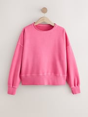 Magenta Pink Raw Hem Detail Washed Cotton Crew Neck Sweatshirt - Image 7 of 9