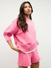 Magenta Pink Raw Hem Detail Washed Cotton Jersey Shorts - Image 7 of 8
