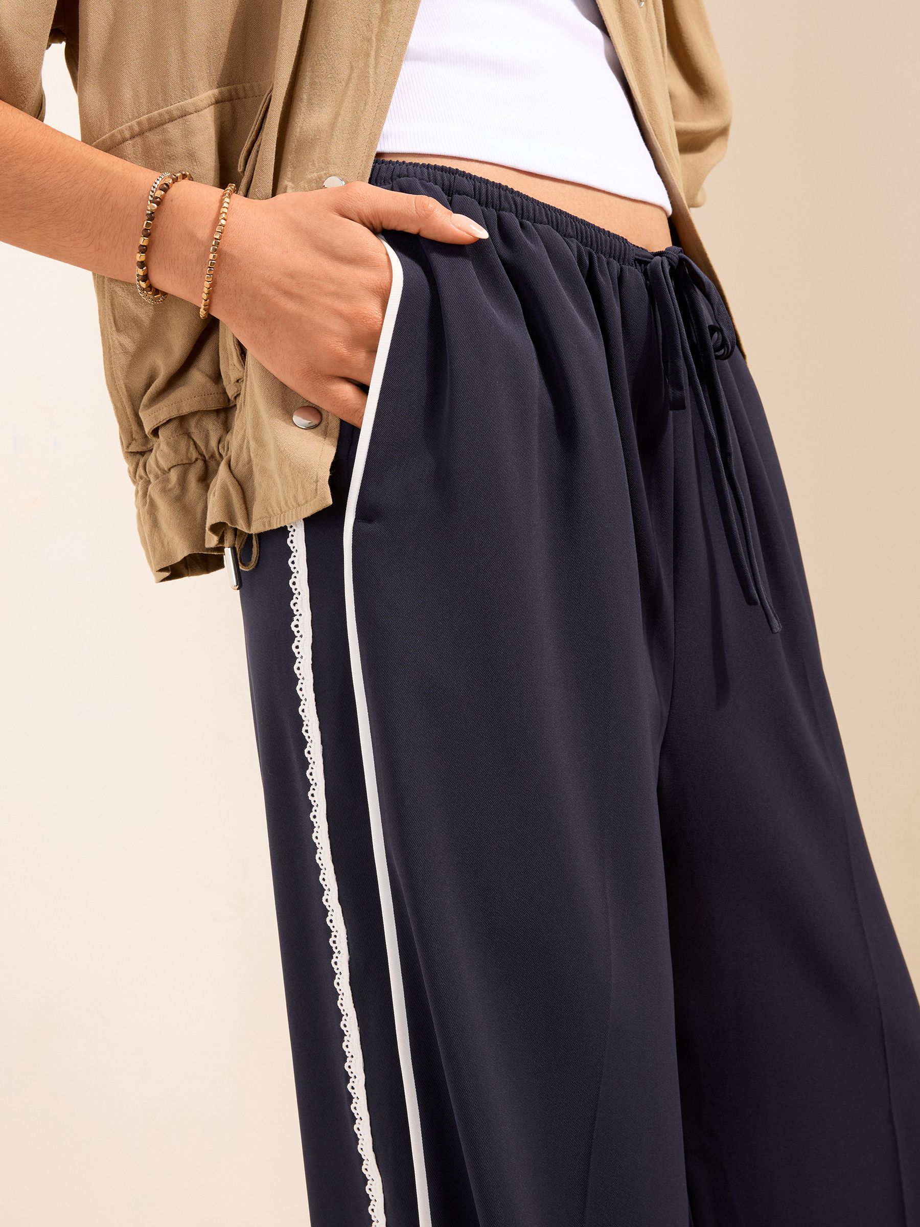 Buy Friends Like These Navy Crochet Pull On Side Stripe Trousers