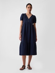 Gap Navy Blue Crinkle Gauze V Neck Midi Dress - Image 1 of 5