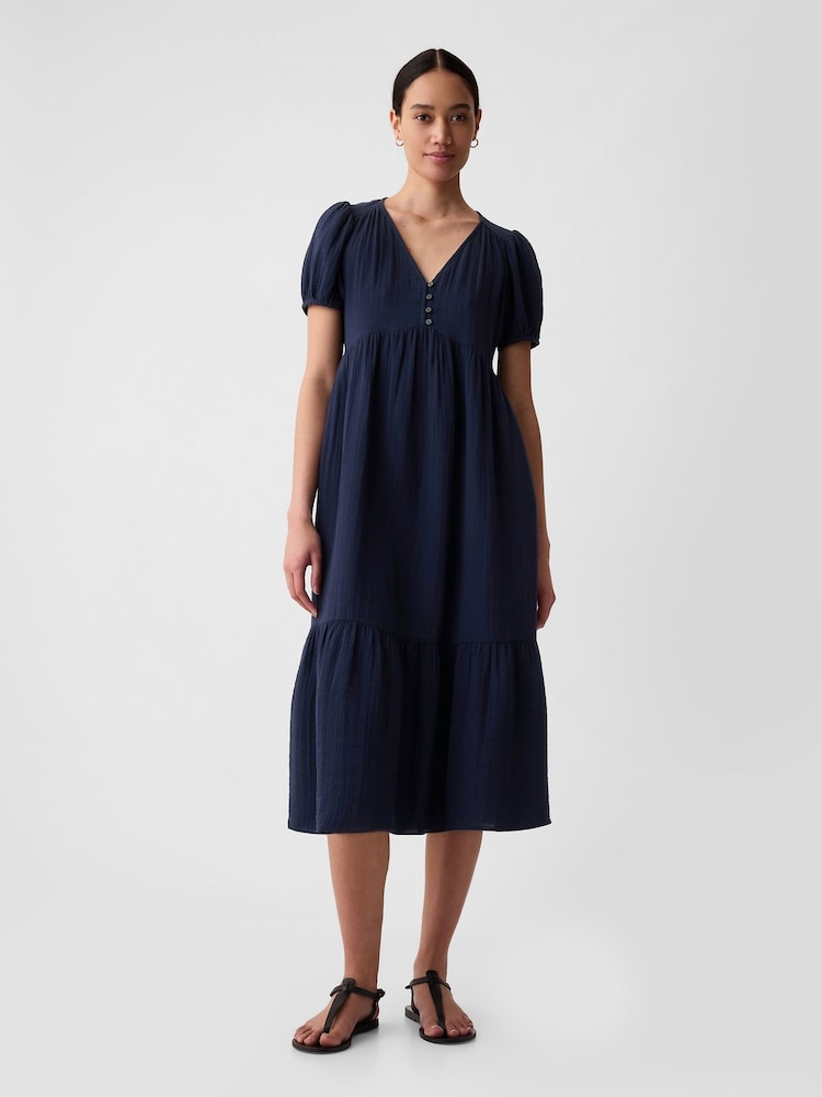 Gap Navy Blue Crinkle Gauze V Neck Midi Dress - Image 1 of 5