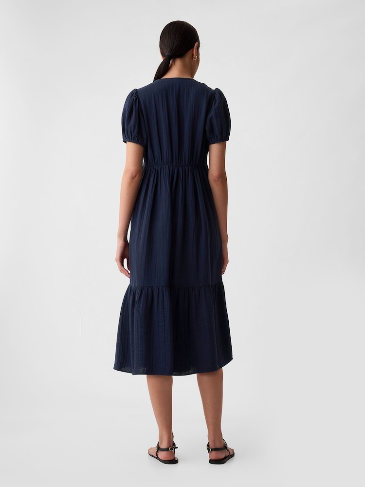Gap Navy Blue Crinkle Gauze V Neck Midi Dress - Image 2 of 5