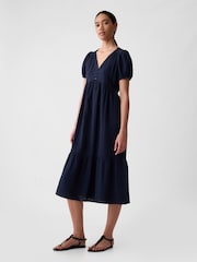 Gap Navy Blue Crinkle Gauze V Neck Midi Dress - Image 3 of 5