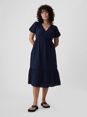 Gap Navy Blue Crinkle Gauze V Neck Midi Dress - Image 4 of 5