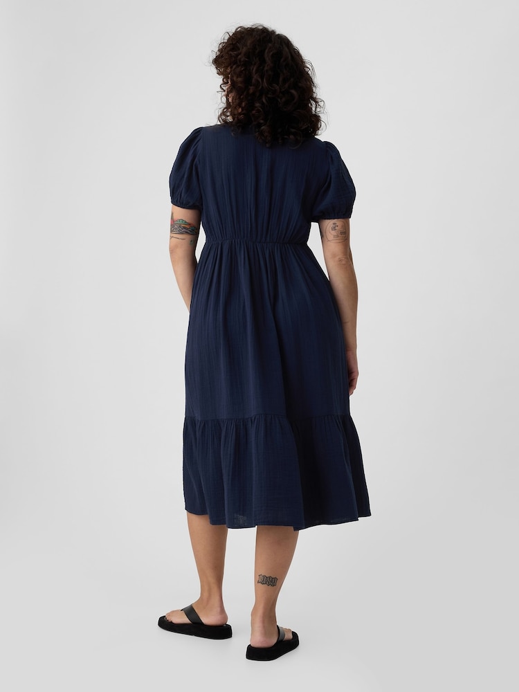Gap Navy Blue Crinkle Gauze V Neck Midi Dress - Image 5 of 5