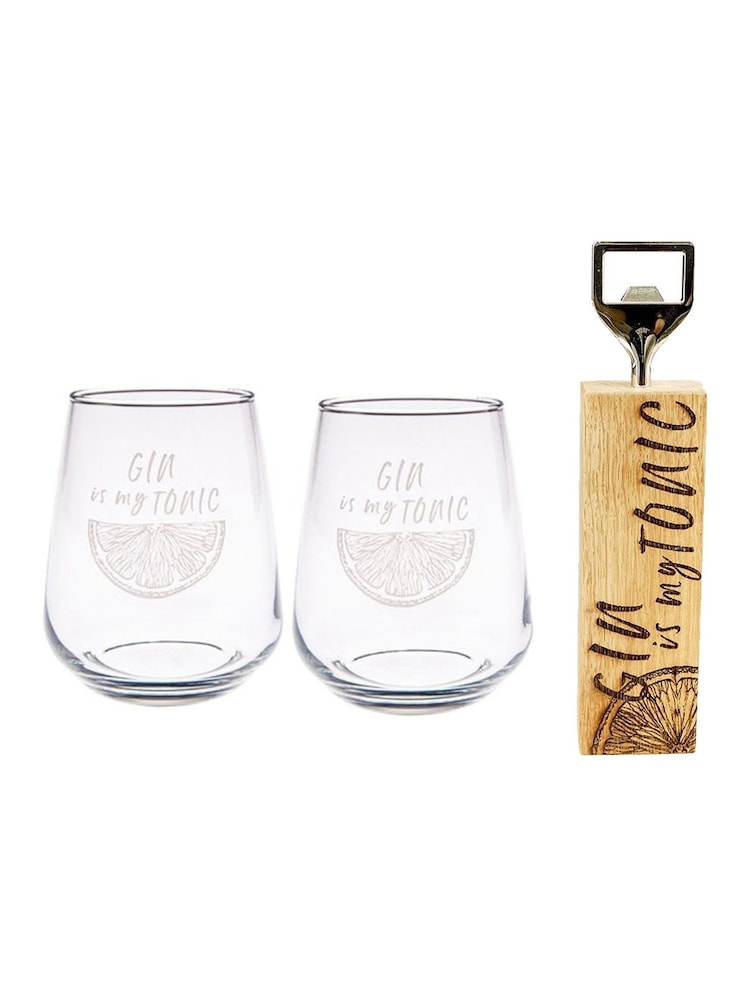 Selbrae House Clear Brown Gin Is My Tonic Glass & Bottle Opener Gift Set - Image 1 of 4