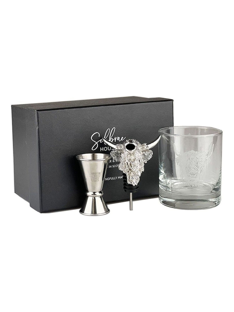 Selbrae House Clear Silver Highland Cow Glass Pourer and Jigger Set - Image 2 of 2