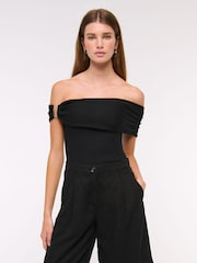 Abercrombie & Fitch Off Shoulder Fold Over Short Sleeve Black Top - Image 1 of 6