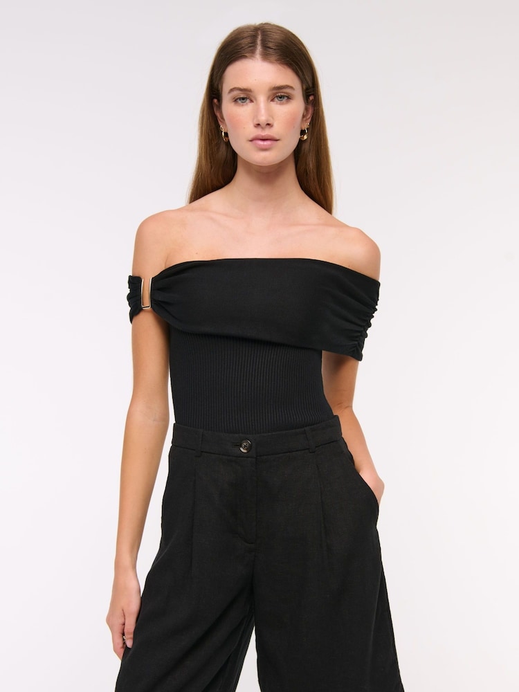 Abercrombie & Fitch Off Shoulder Fold Over Short Sleeve Black Top - Image 1 of 6