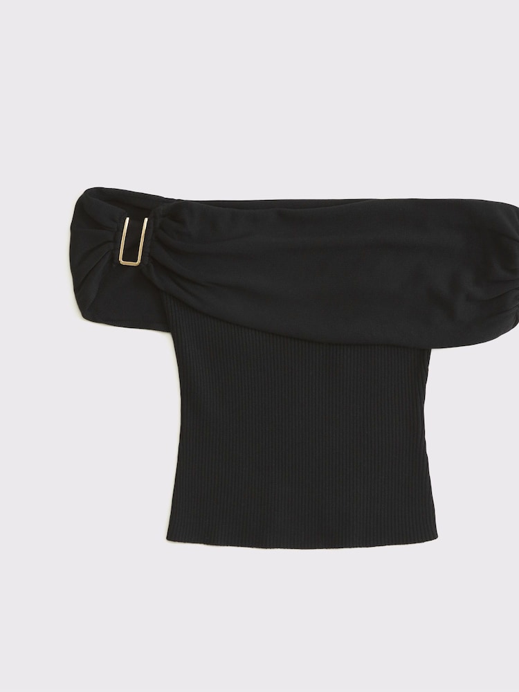 Abercrombie & Fitch Off Shoulder Fold Over Short Sleeve Black Top - Image 6 of 6