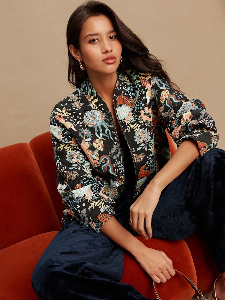 Black Floral Jacquard Bomber Jacket - Image 1 of 8 Black Floral Jacquard Bomber Jacket - Image 1 of 8