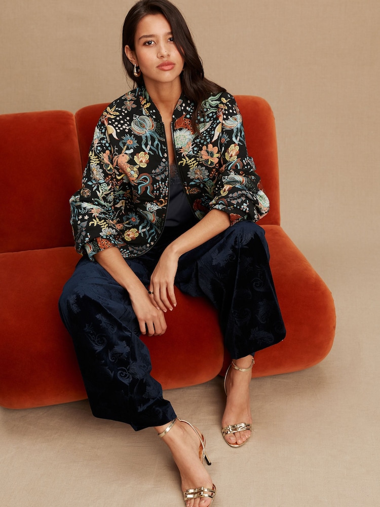 Black Floral Jacquard Bomber Jacket - Image 2 of 8 Black Floral Jacquard Bomber Jacket - Image 2 of 8