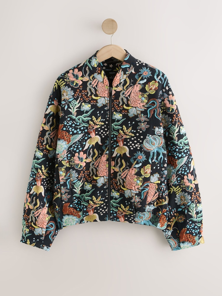 Black Floral Jacquard Bomber Jacket - Image 8 of 8 Black Floral Jacquard Bomber Jacket - Image 8 of 8