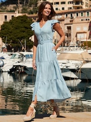 Sosandar Blue Ruffle Sleeve Tiered Hem Midi Dress - Image 1 of 4