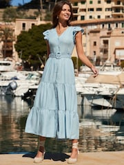 Sosandar Blue Ruffle Sleeve Tiered Hem Midi Dress - Image 4 of 4