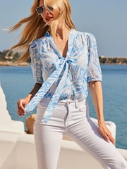 Sosandar Blue Animal Print Tie Neck Short Sleeve Blouse - Image 5 of 5