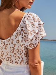 Sosandar White Animal Print Ruffle Sleeve Top - Image 2 of 4