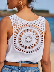 Sosandar White Crochet Detail Jersey Vest Top - Image 3 of 5