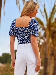 Sosandar Blue Spot Print Sweetheart Neckline Top - Image 3 of 6