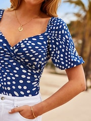 Sosandar Blue Spot Print Sweetheart Neckline Top - Image 4 of 6