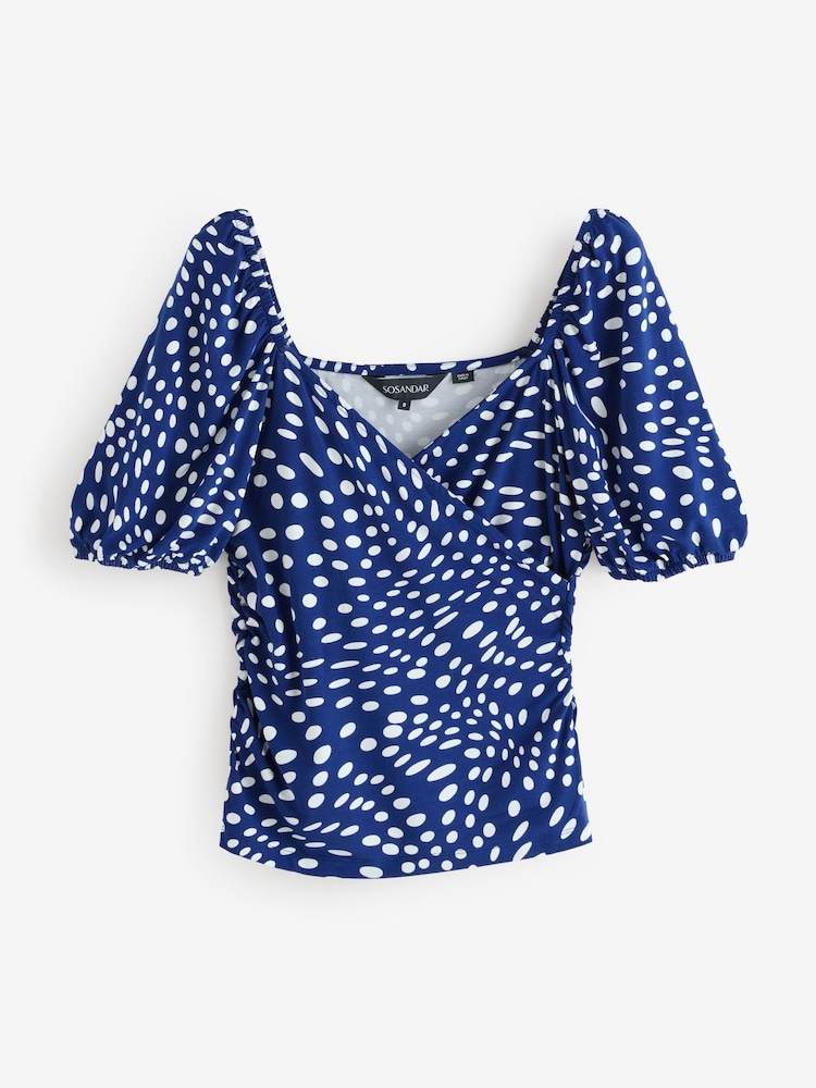Sosandar Blue Spot Print Sweetheart Neckline Top - Image 6 of 6