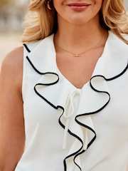 Sosandar White Contrast Trim Ruffle Front Blouse - Image 4 of 5