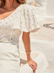 Sosandar White Fleck Print Angel Sleeve Top - Image 3 of 4