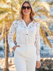 Sosandar White Luxe Lace Gold Button Shirt - Image 1 of 5