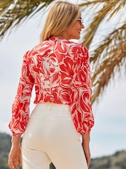 Sosandar Pink Tropical Print Ruffle Front Blouse - Image 4 of 5