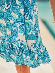 Sosandar Blue Paisley Print Pom Pom Trim Fit and Flare Dress - Image 4 of 5
