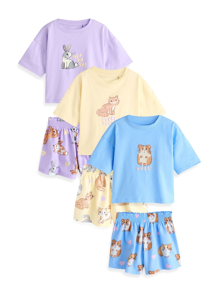 Blue/Yellow Pets Print Short Pyjamas 3 Pack (3-16yrs) - Image 1 of 4