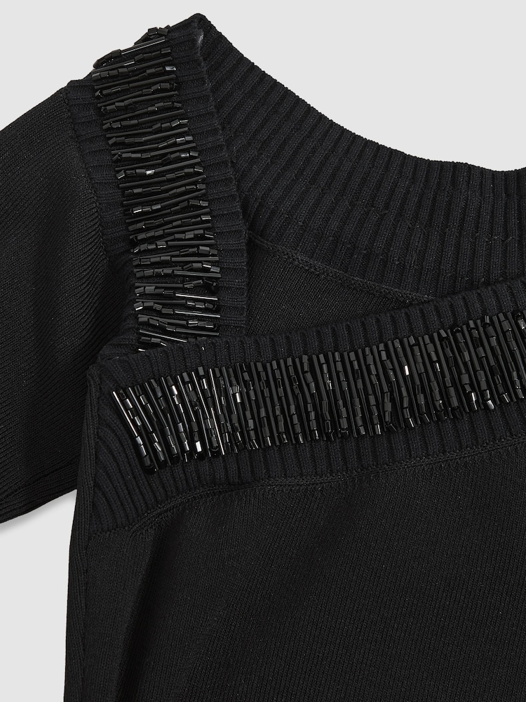 Reiss Black Zaide Bead-Detail Off-Shoulder Knit Dress - Image 6 of 6
