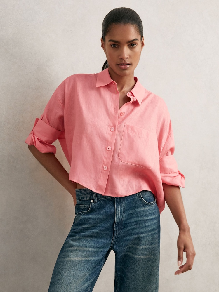Reiss Pink Solena Oversize Linen Cropped Shirt - Image 1 of 6