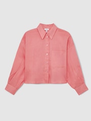 Reiss Pink Solena Oversize Linen Cropped Shirt - Image 2 of 6