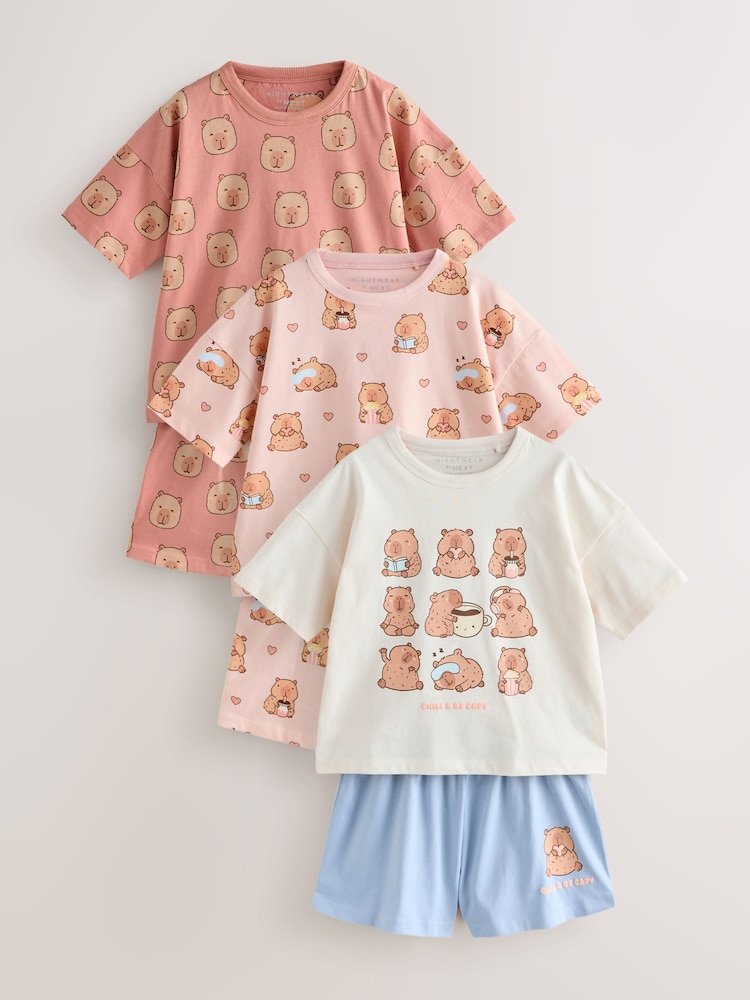 Pink/Choc Capybara Print Short Pyjamas 3 Pack (3-16yrs) - Image 1 of 8