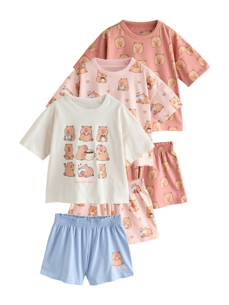 Pink/Choc Capybara Print Short Pyjamas 3 Pack (3-16yrs) - Image 8 of 8
