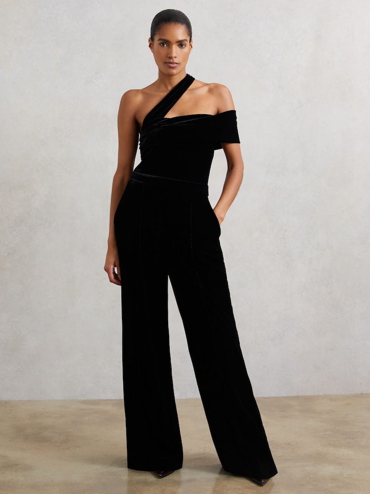 Reiss Black Daria Velvet One-Shoulder Wide-Leg Jumpsuit - Image 1 of 7 Reiss Black Daria Velvet One-Shoulder Wide-Leg Jumpsuit - Image 1 of 7
