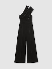 Reiss Black Daria Velvet One-Shoulder Wide-Leg Jumpsuit - Image 2 of 7
