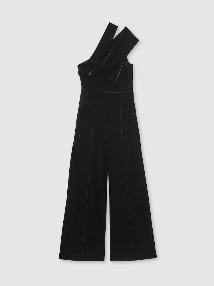 Reiss Black Daria Velvet One-Shoulder Wide-Leg Jumpsuit - Image 2 of 7 Reiss Black Daria Velvet One-Shoulder Wide-Leg Jumpsuit - Image 2 of 7