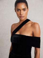 Reiss Black Daria Velvet One-Shoulder Wide-Leg Jumpsuit - Image 3 of 7