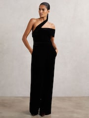 Reiss Black Daria Velvet One-Shoulder Wide-Leg Jumpsuit - Image 4 of 7